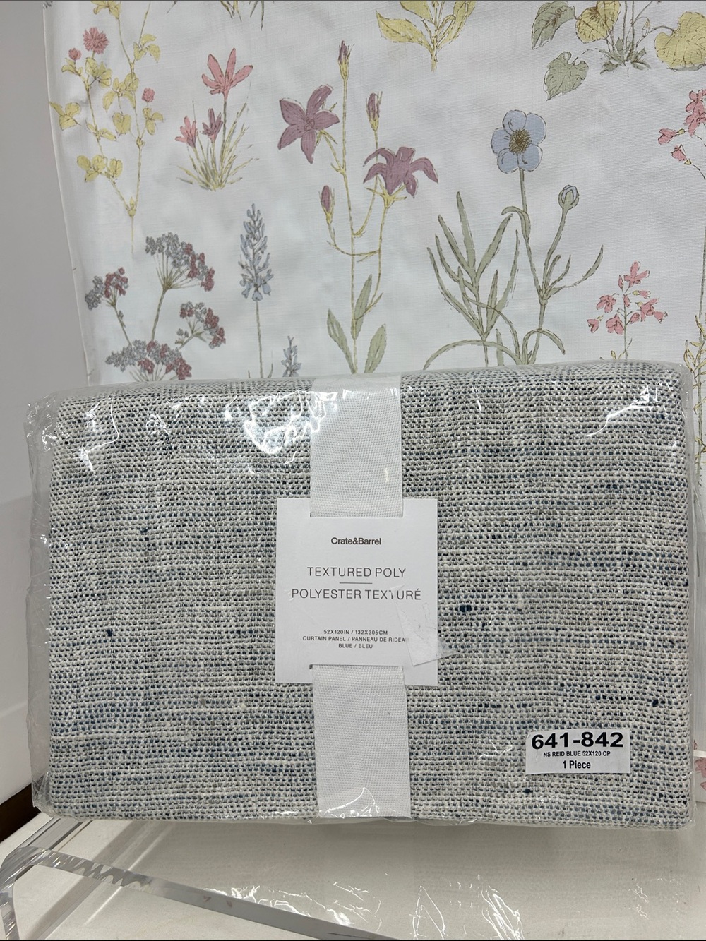 Crate&Barrel Textured Poly Curtain Panel - Light Gray with Navy Speckles